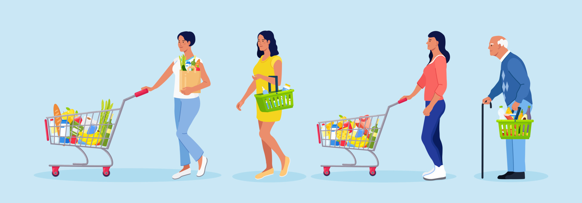 Grocery store queue. People with shopping carts, basket, eco bag with