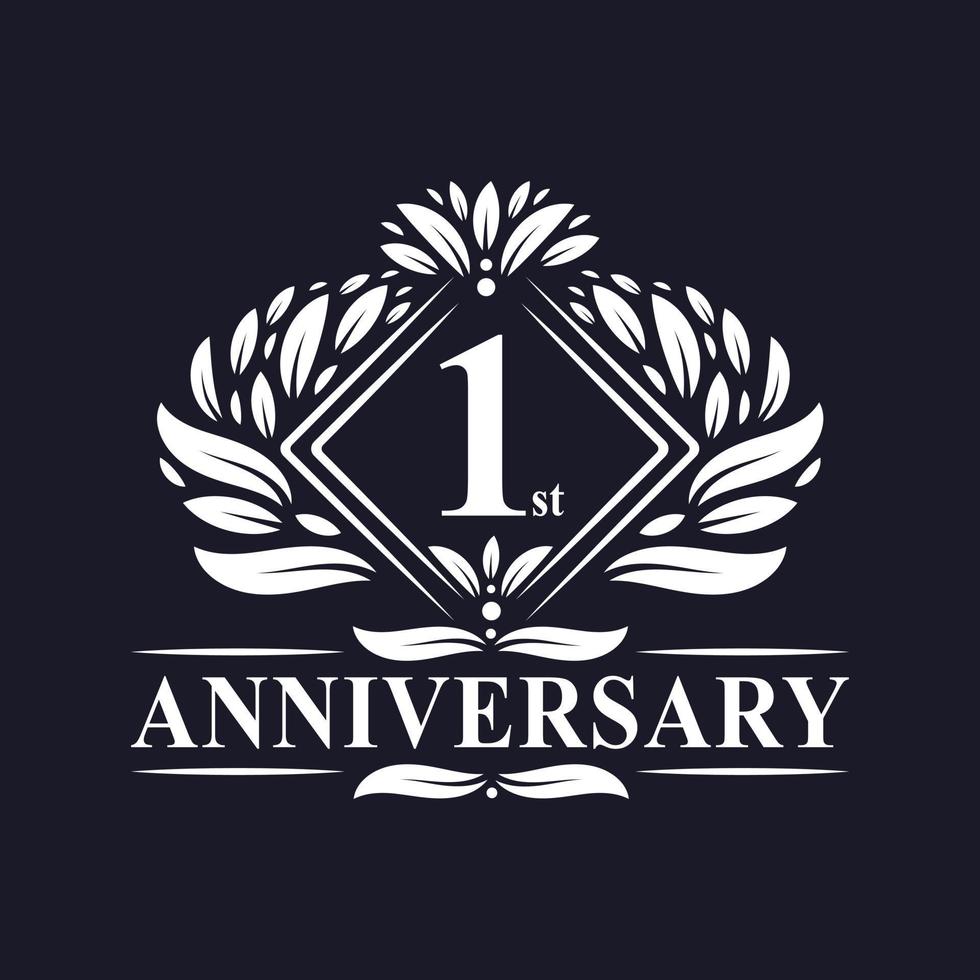 Logotipo de aniversario de 1 año, logotipo de primer aniversario floral de lujo. vector