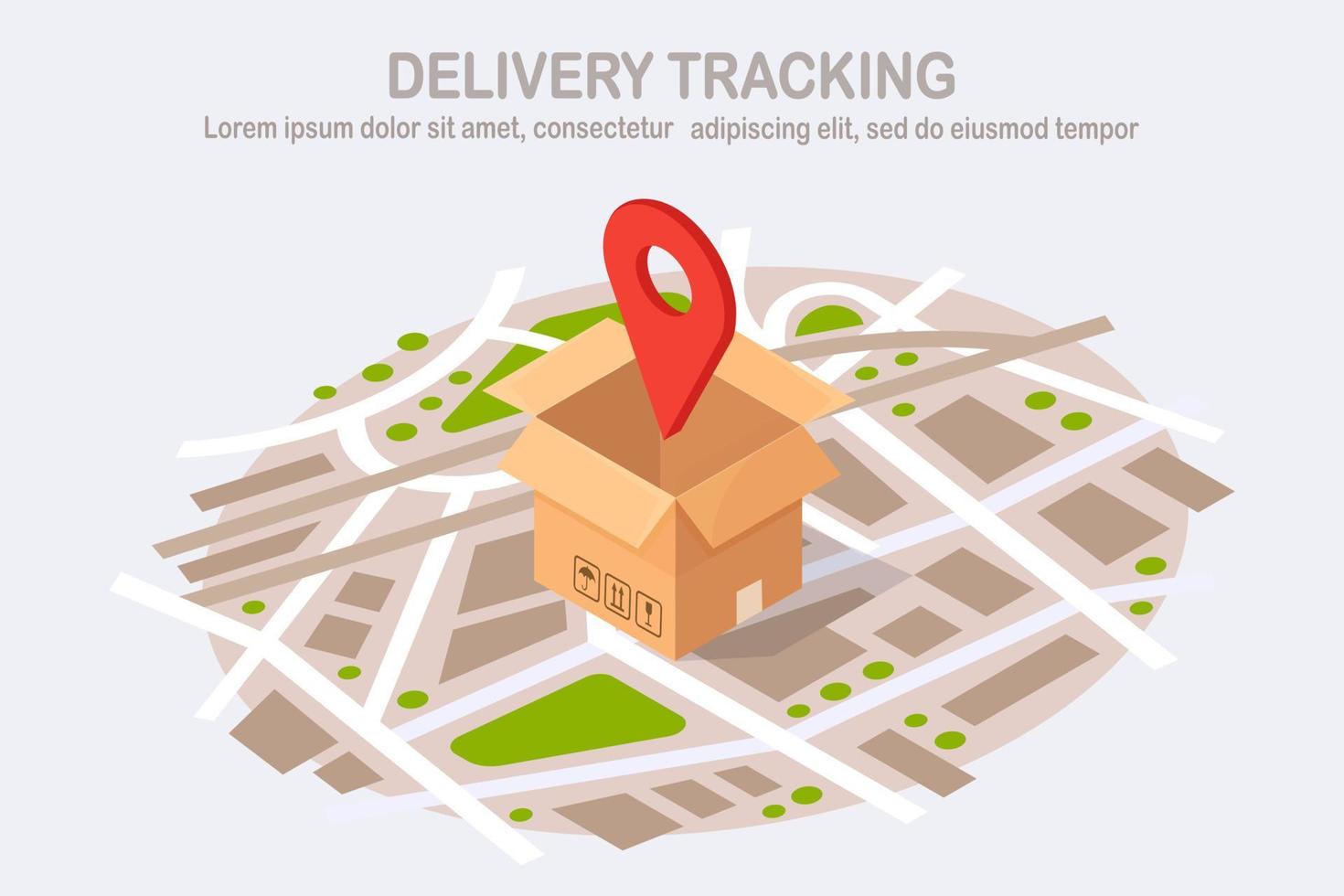 Order tracking. Open parcel with pin, pointer on map. Shipping of box, package, cargo transportation vector