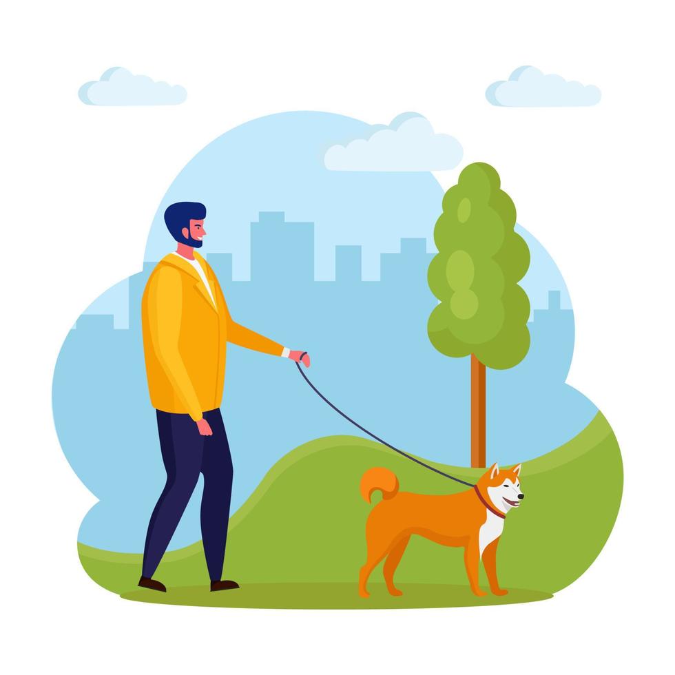 Man is walking with dog. Happy boy play with pet. Puppy on a leash isolated on background. vector