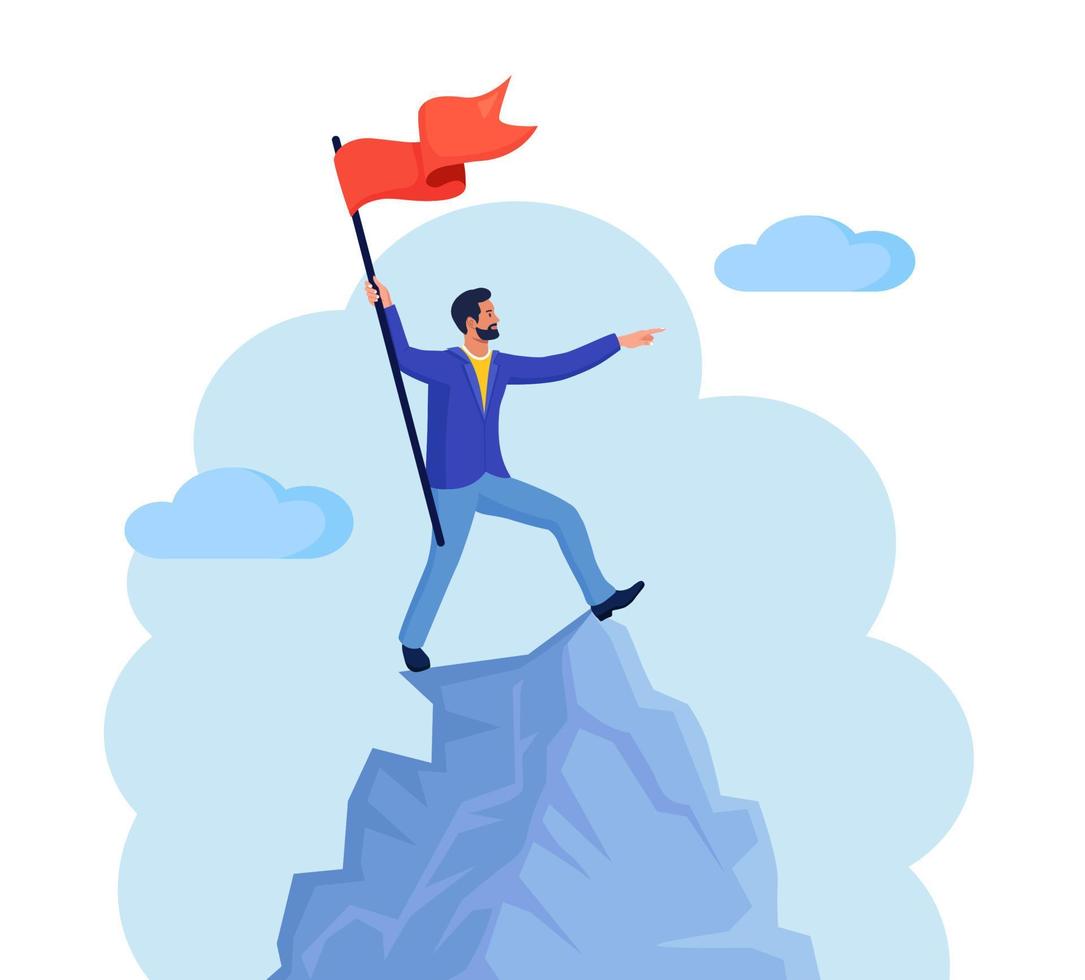 Businessman climbed to top of mountain and hoisted flag on it. Career, professional achievement, ambition. Man stands on mountain peak, celebrates victory. Business development, success, growth vector