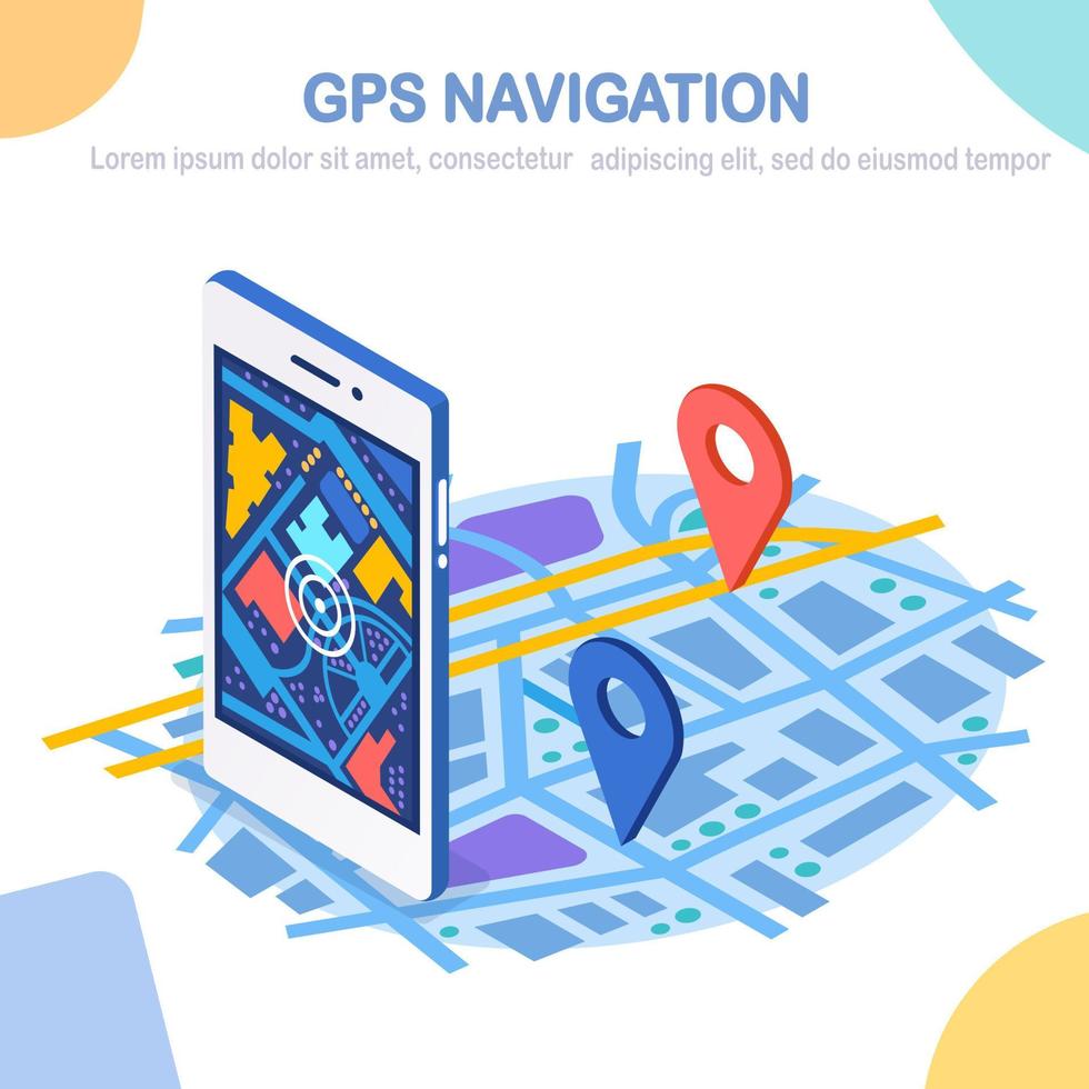 Isometric 3d smartphone with gps navigation app, tracking. Mobile phone with map application vector