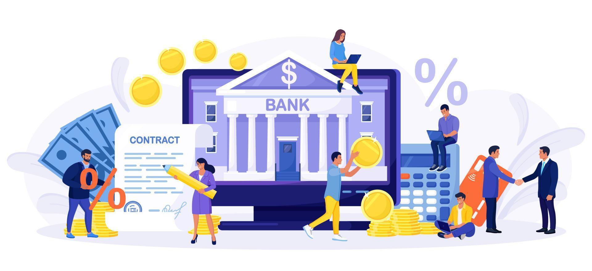 Mobile banking, online payment, accounting.People using smartphone, computer for internet mobile payments, transfers and deposits. Digital bank service, financial investment. Loan contract with sign vector