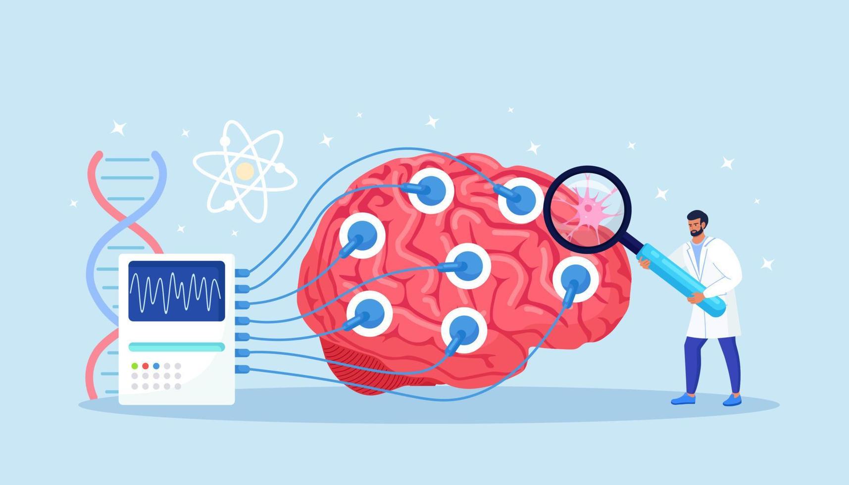 Doctor neurologist, neuroscientist, physician study brain connected to display with EEG indication. Neurology, neuroscience, electroencephalography concept vector