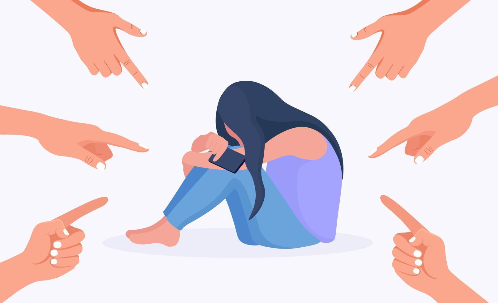 Sad or depressed young woman cries and covers her face. Girl surrounded by hands with index fingers pointing at her. Bullying, accusation, public censure and victim blaming concept vector