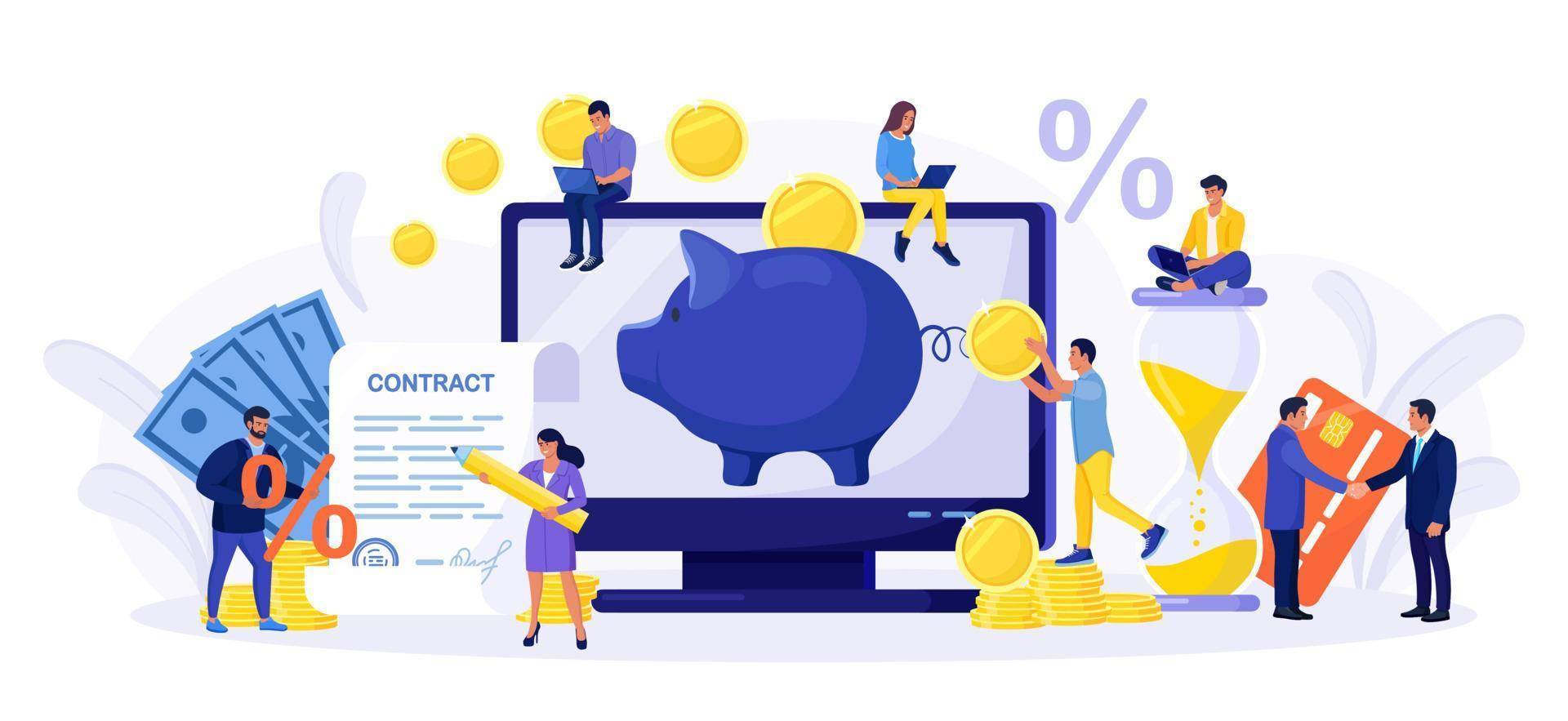 Online banking. People putting coin money into a piggy bank on computer screen. Business investment, profit income. Exchange, savings or accumulating money. Characters using mobile phone, smartphone vector