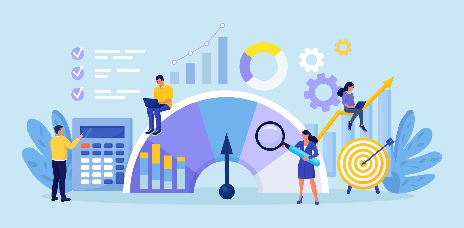 evaluación comparativa comparar la calidad con las empresas de la competencia. rendimiento, calidad, comparación de costos. estrategia de desarrollo. la gente parada cerca del indicador mejora la productividad de la empresa y aumenta las ganancias vector