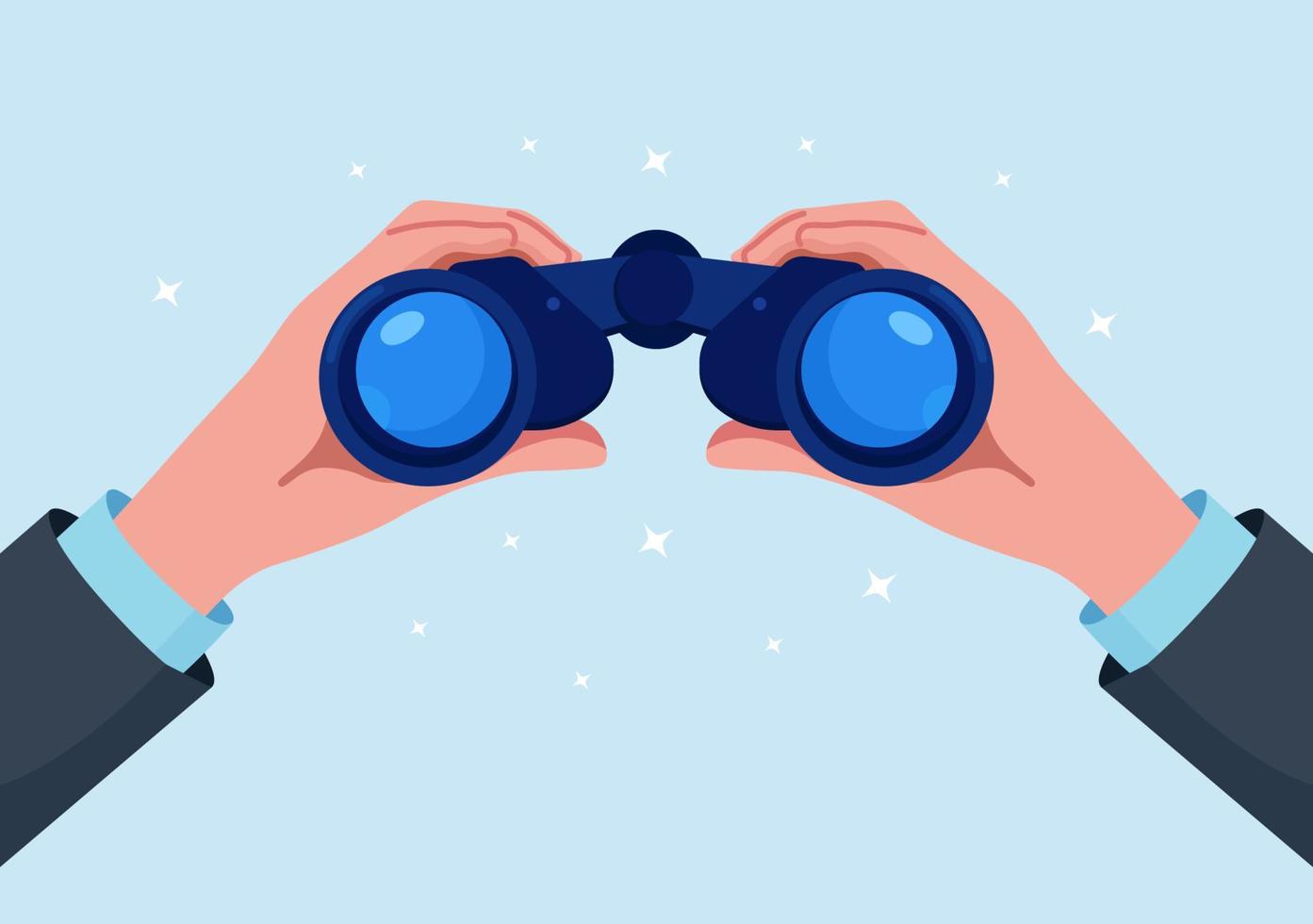 Man Holding Binocular in Hand and Looking Far Ahead. Person is Watching Someone Closely. Observation, Discovery, Future concept. Search Engine or Research, Web Surfing vector