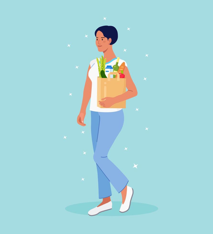 Young woman holding paper bag with grocery products. Girl carries purchases in eco bags. Sale of food vector