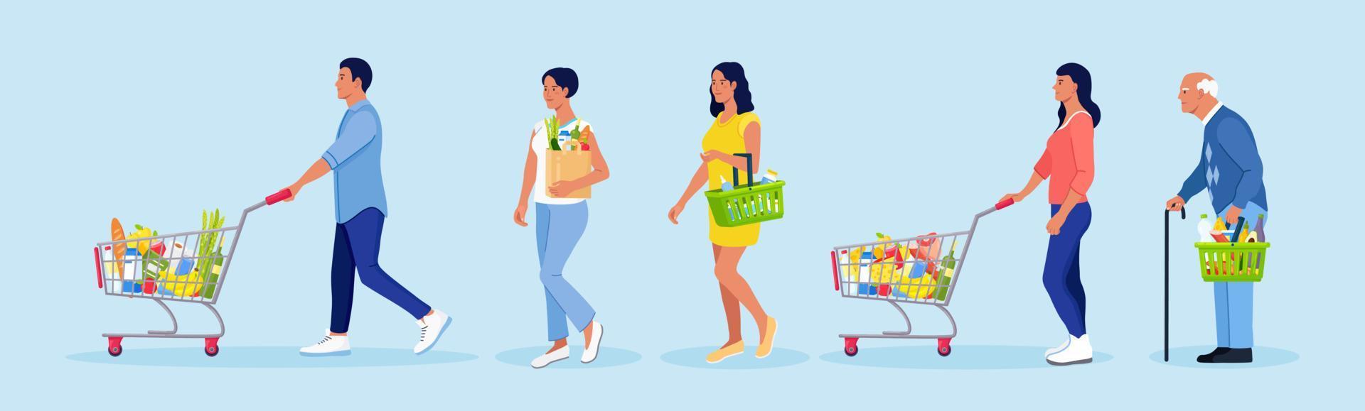 Grocery store queue. People with shopping carts, basket, eco bag with food. Crowd shoppers waiting in long line in supermarket. Crowded queue to the cashier. Customer service vector