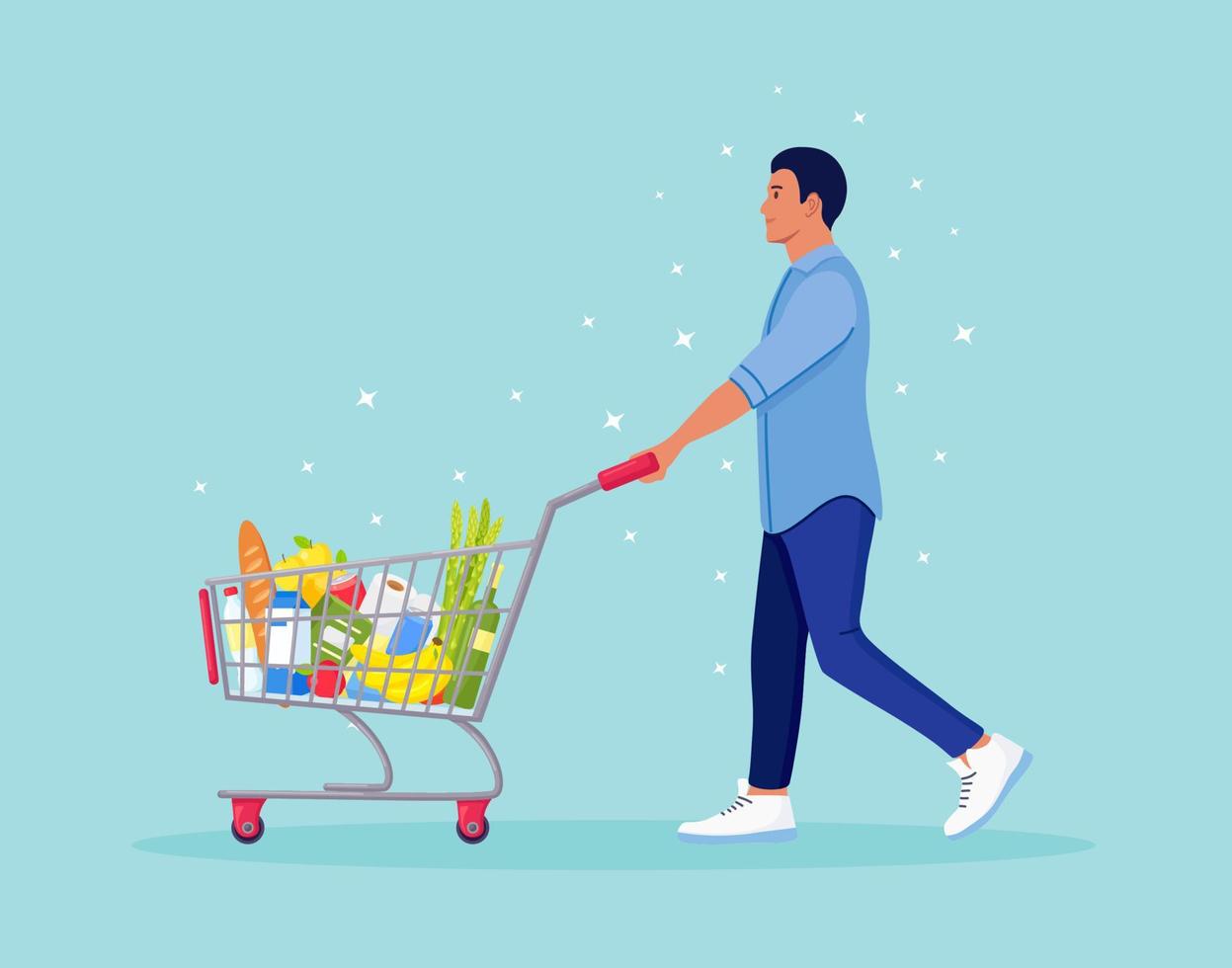 hombre empujando carrito de compras lleno de comestibles en el supermercado. hay pan, botellas de agua, leche, frutas, verduras y otros productos en la cesta vector