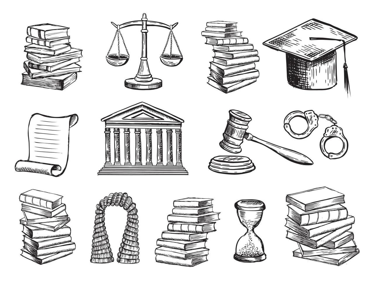 Law symbols set. Scales vector hand drawn.