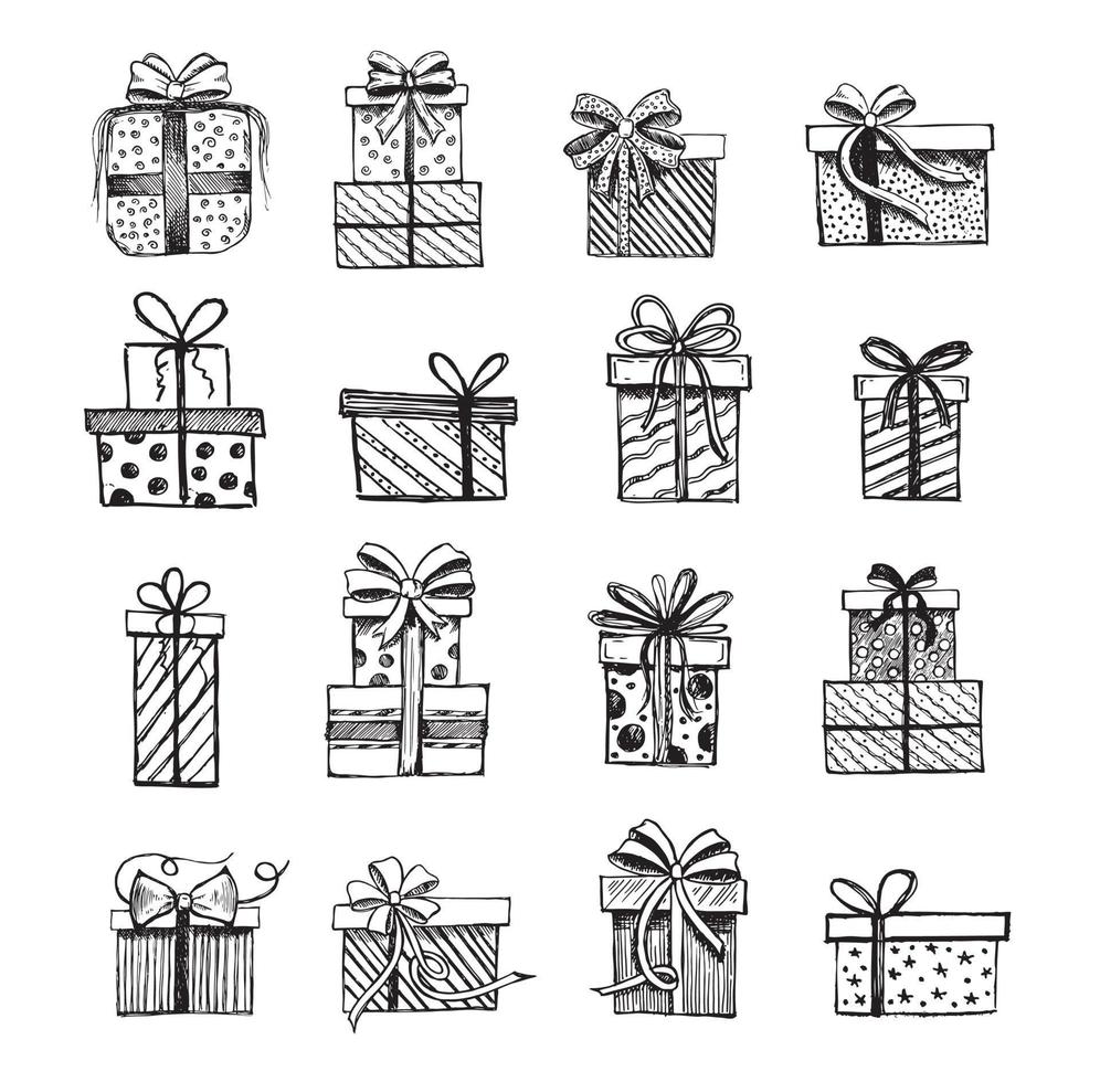 Doodle icons of gift box. Hand drawn elements. vector