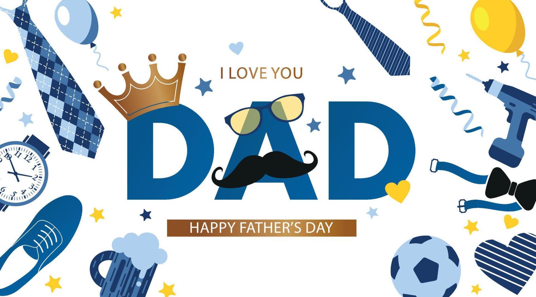 Father s Day banner template with necktie, glasses, crown and on white. Greetings and presents for Father s Day in flat style. Promotion and shopping template for love dad concept. vector