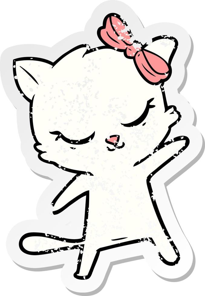 distressed sticker of a cute cartoon cat with bow vector