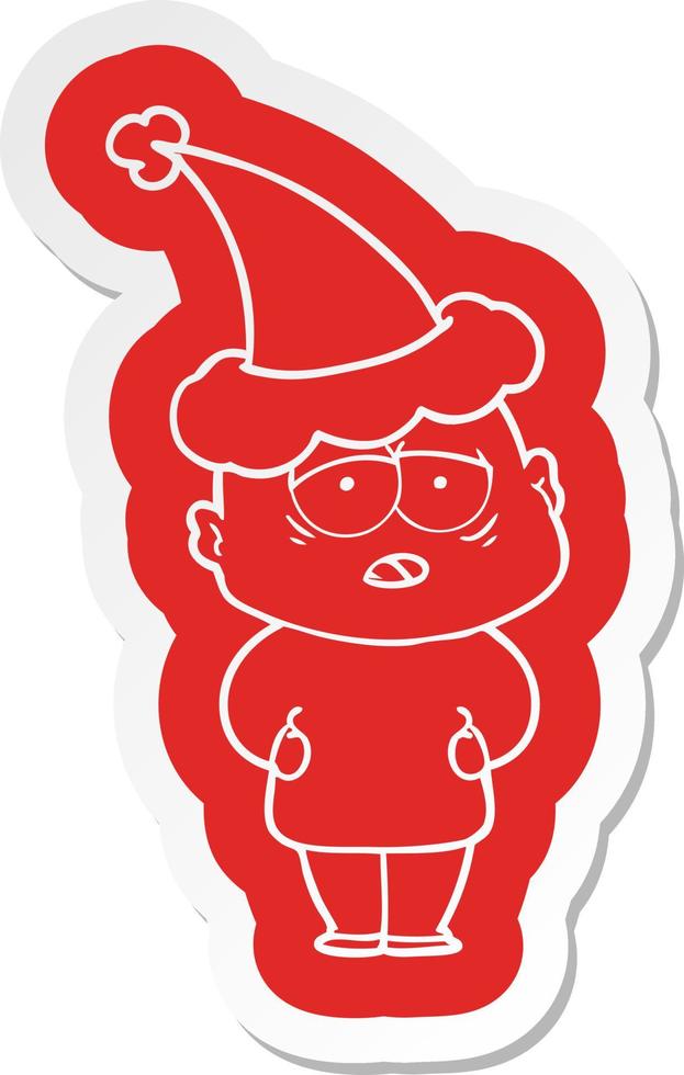 cartoon  sticker of a tired bald man wearing santa hat vector