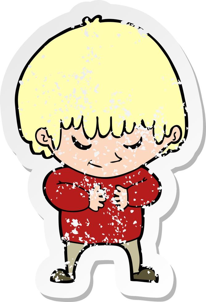 retro distressed sticker of a cartoon shy boy vector