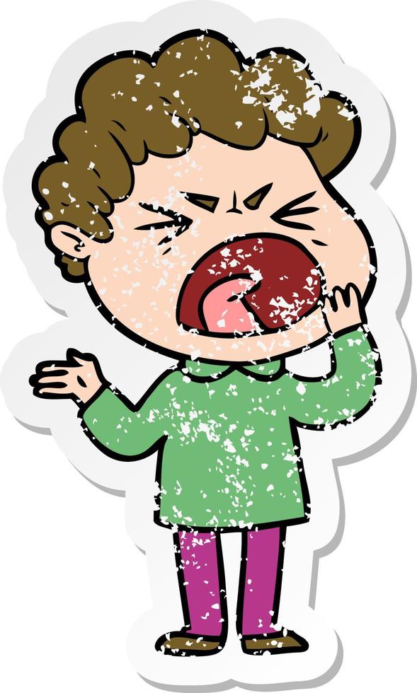 distressed sticker of a cartoon furious man vector