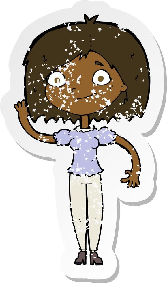 retro distressed sticker of a cartoon woman waving vector