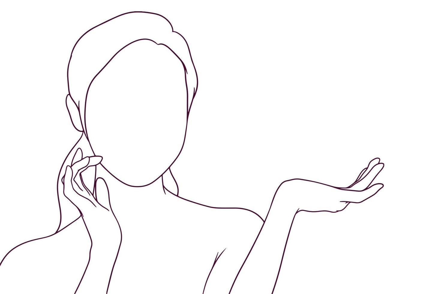 beautiful woman with open palm hand drawn style vector illustration