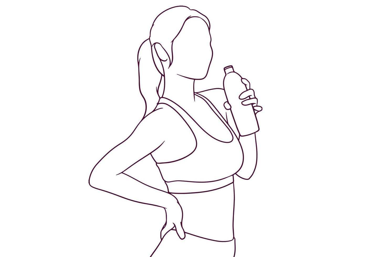 mujer en traje de fitness sosteniendo una botella de agua estilo dibujado a mano ilustración vectorial vector