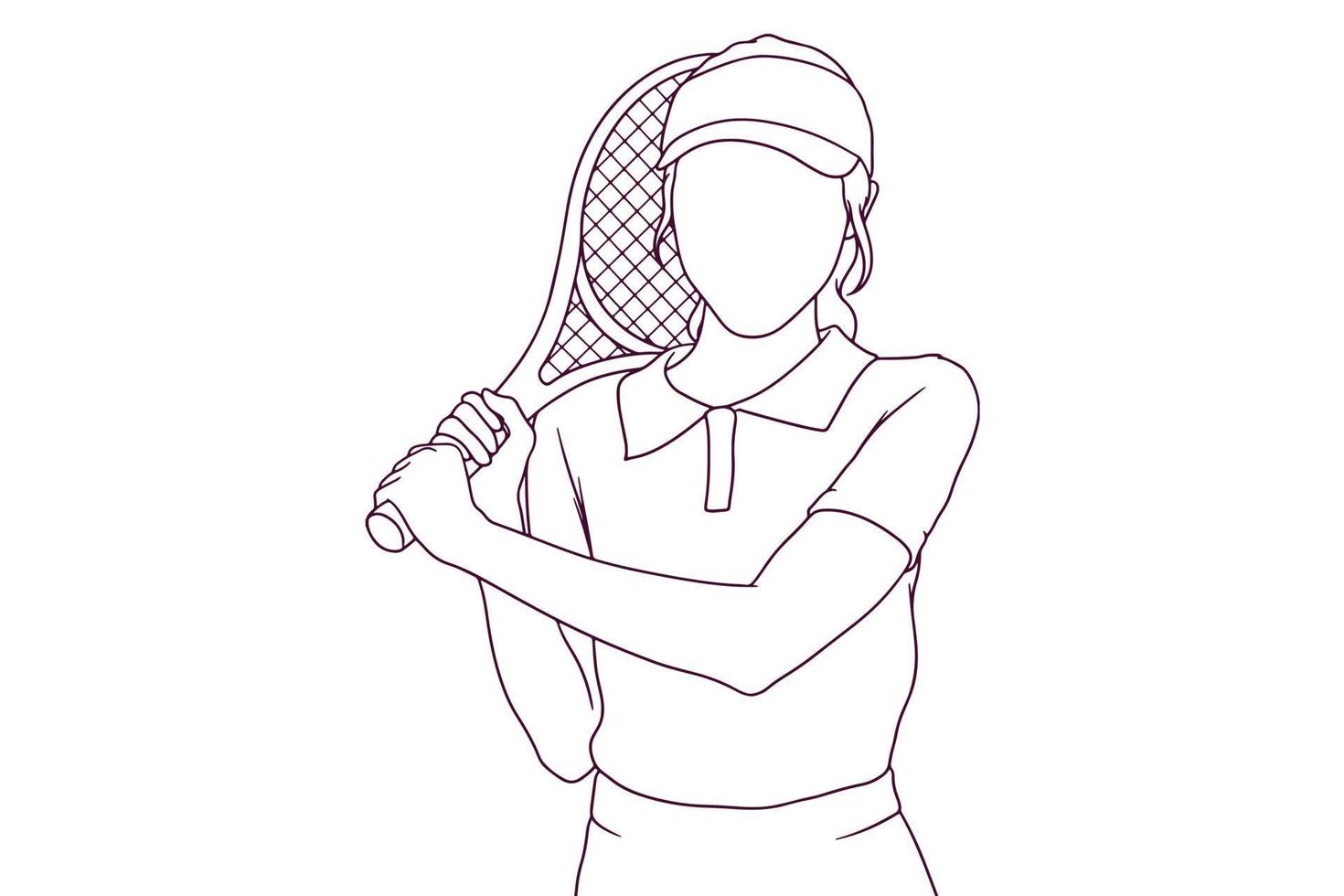 young girl holding a tennis racket hand drawn style vector illustration