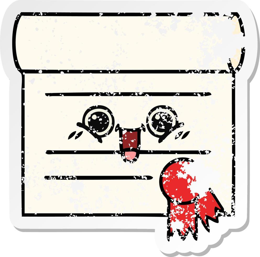 distressed sticker of a cute cartoon certificate vector
