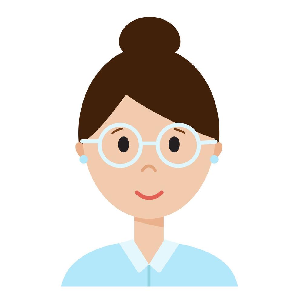 Funny cartoon woman face, cute avatar or portrait. Girl in glasses, dark hair. Young character for web in flat style. Print for sticker, emoji, icon. Minimalistic face, vector illustration