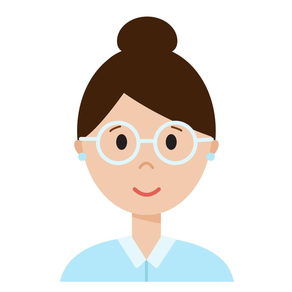 cara de mujer de dibujos animados divertidos, lindo avatar o retrato. chica con gafas, cabello oscuro. cara de mujer de dibujos animados divertidos, lindo avatar o retrato. chica con gafas, cabello oscuro.