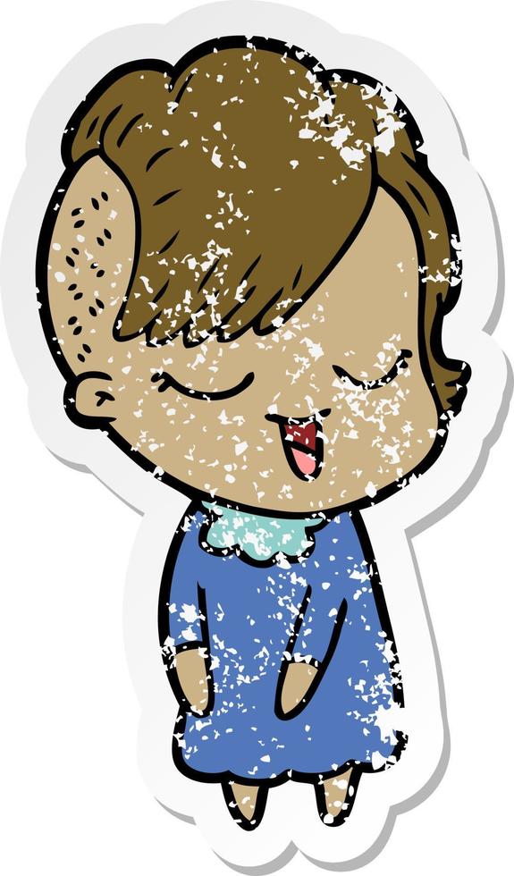 distressed sticker of a happy cartoon girl vector