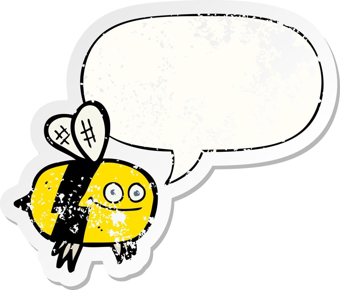 cartoon bee and speech bubble distressed sticker vector