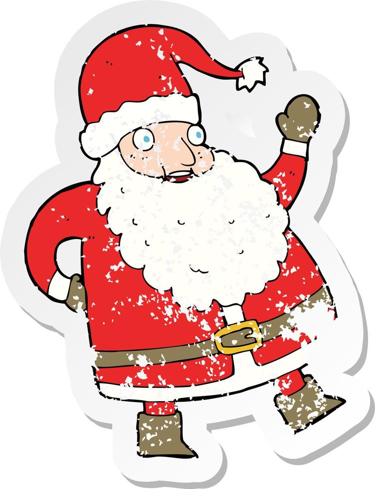 retro distressed sticker of a funny waving santa claus cartoon vector