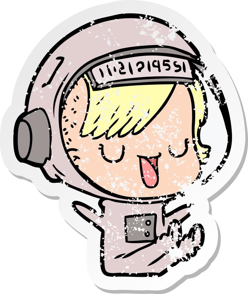 distressed sticker of a cartoon astronaut woman vector