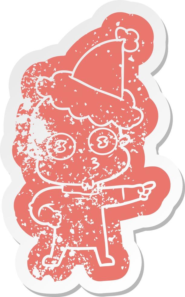 cartoon distressed sticker of a weird bald spaceman wearing santa hat vector