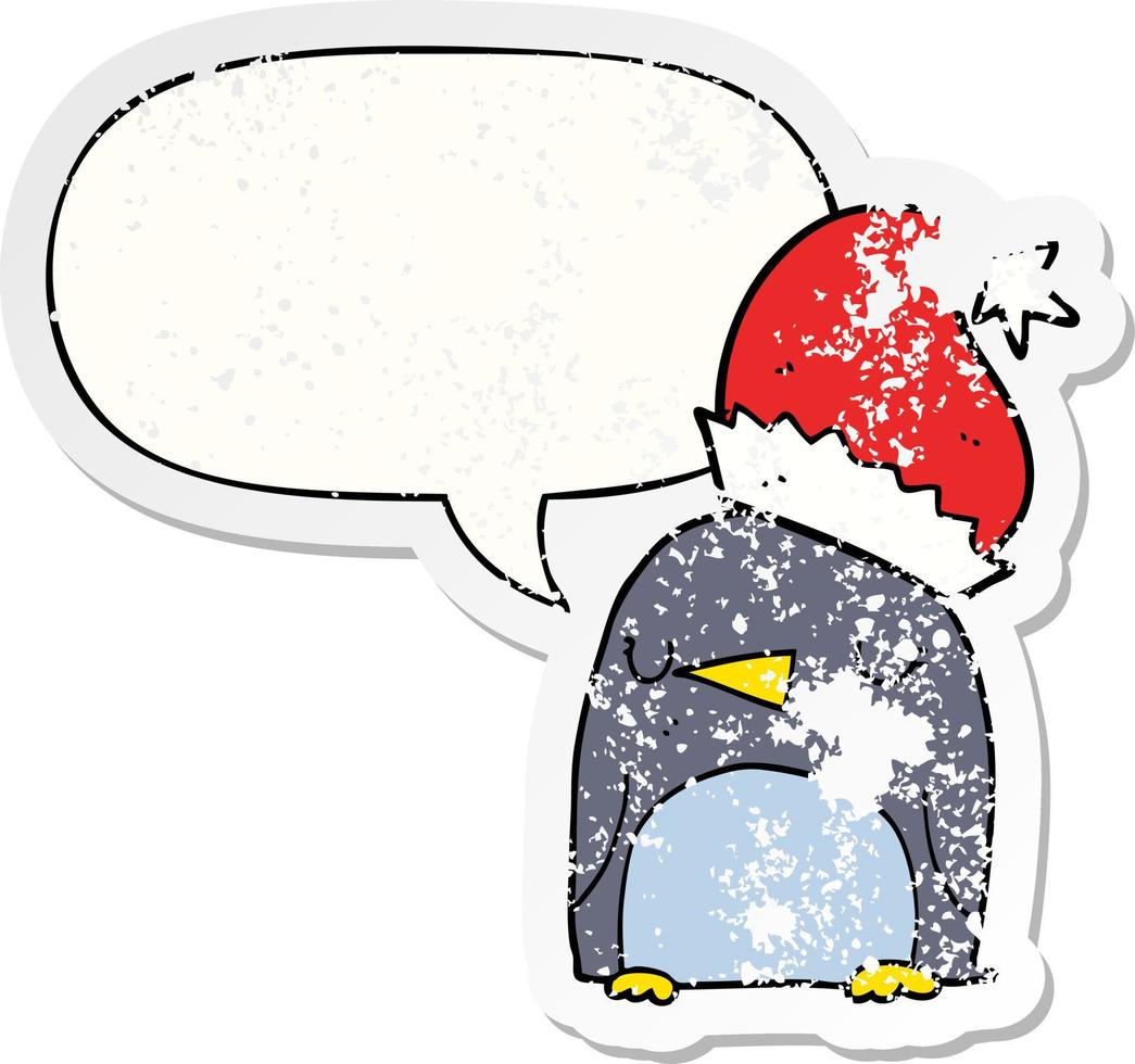 cute christmas penguin and speech bubble distressed sticker vector