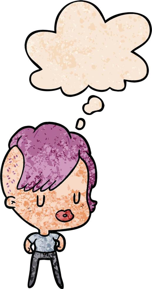 cartoon girl and thought bubble in grunge texture pattern style vector