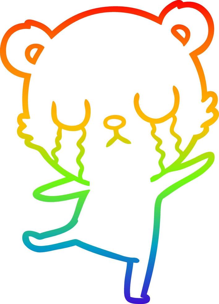 rainbow gradient line drawing crying cartoon bear doing a sad dance vector