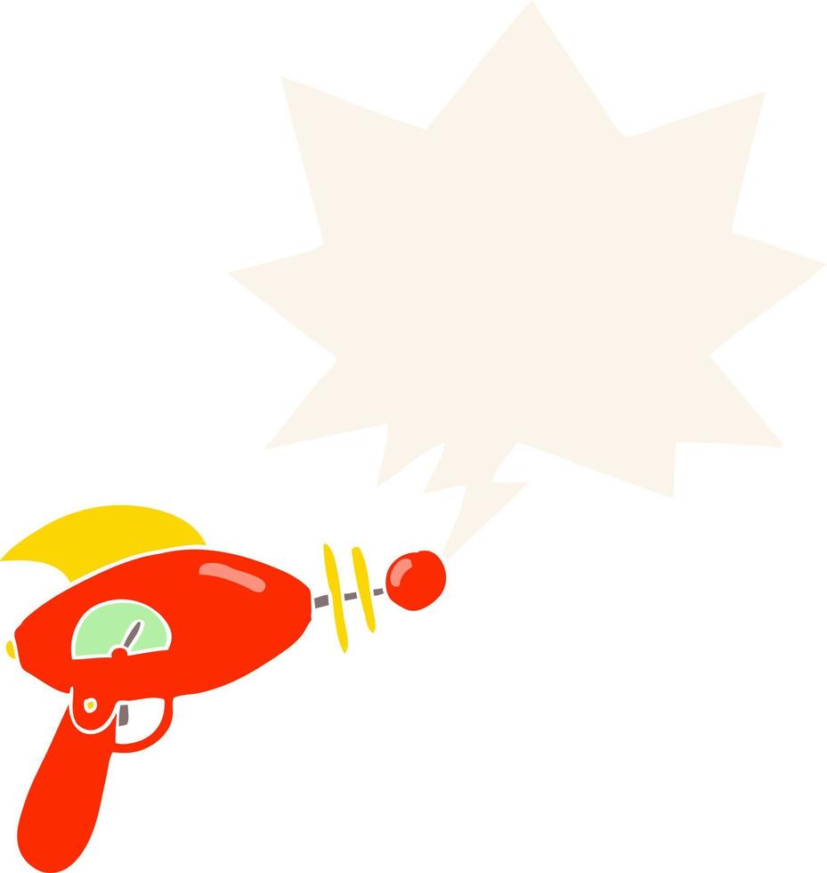 pistola de rayos de dibujos animados y burbuja de habla en estilo retro vector