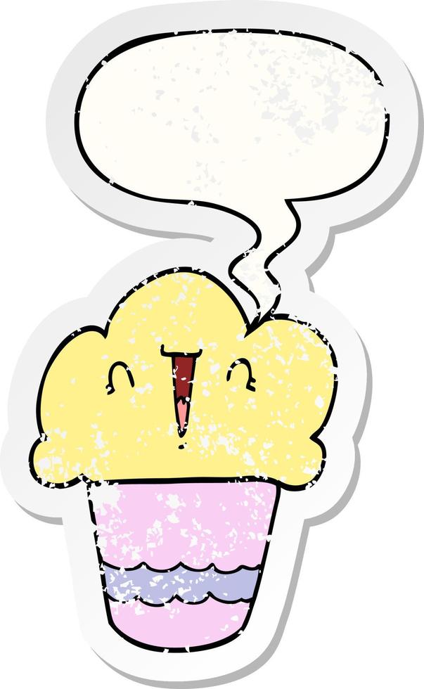 cartoon cupcake and face and speech bubble distressed sticker vector