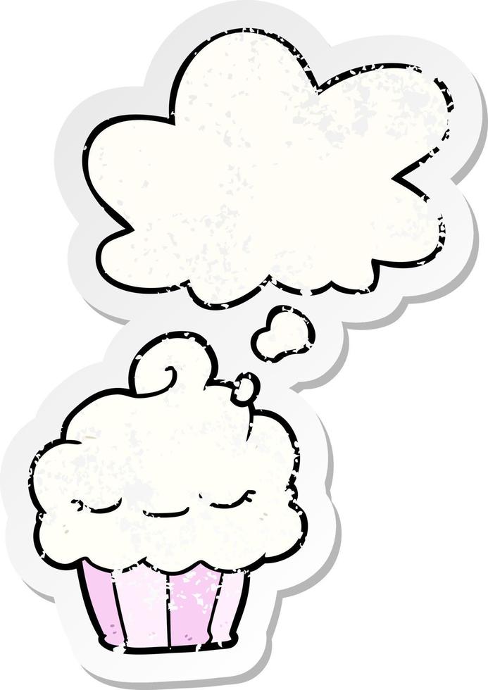 cupcake de dibujos animados y burbuja de pensamiento como una pegatina gastada angustiada vector