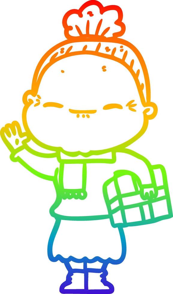 rainbow gradient line drawing cartoon peaceful old woman vector
