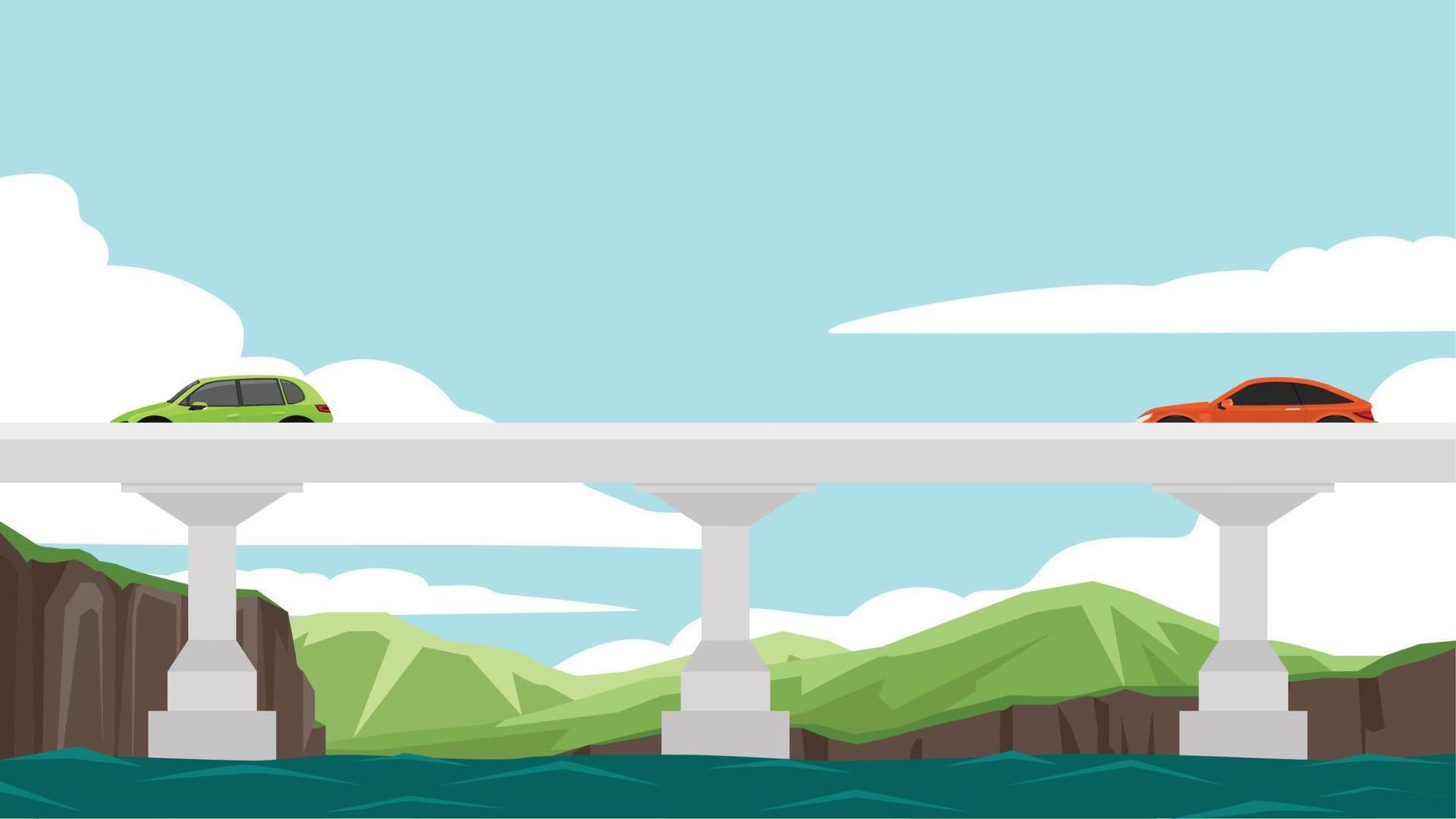 Vector or illustration of cars driving on a bridge over a river. with landscape nature of mountains under blue sky and white clouds.