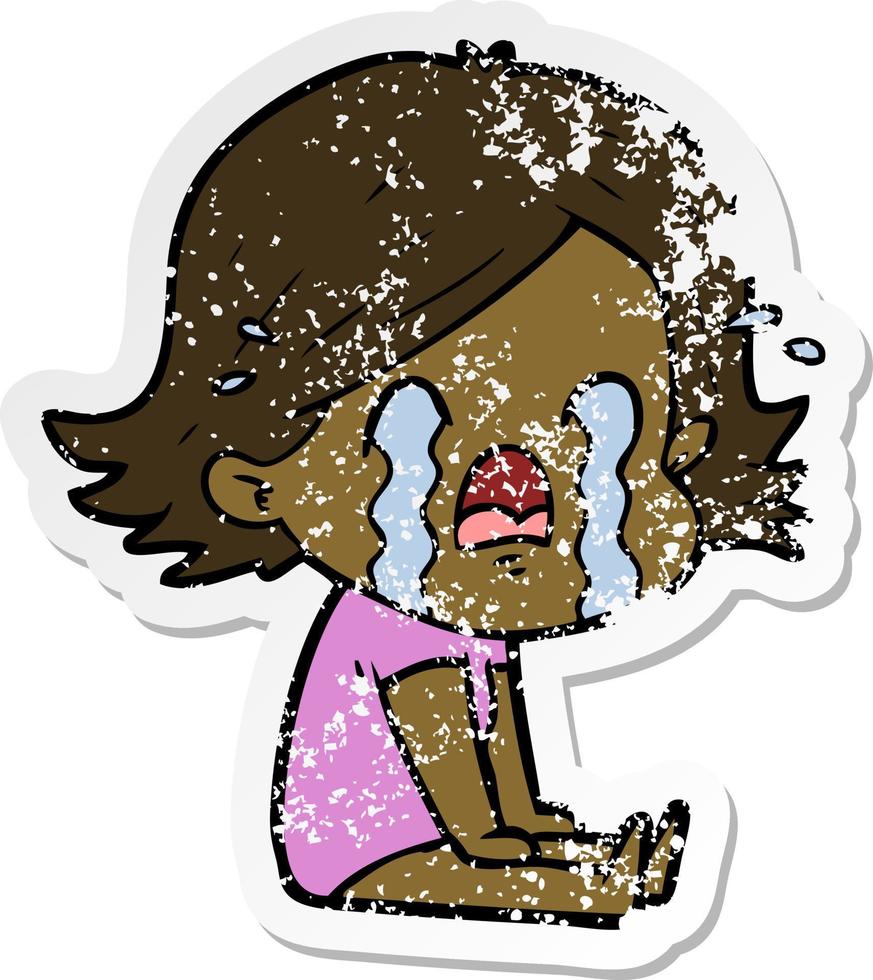 distressed sticker of a cartoon woman crying vector