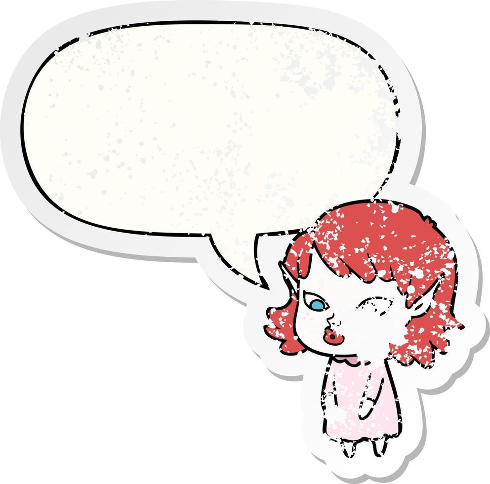 cartoon elf girl and pointy ears and speech bubble distressed sticker vector