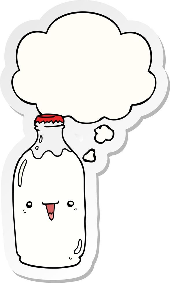 cute cartoon milk bottle and thought bubble as a printed sticker vector