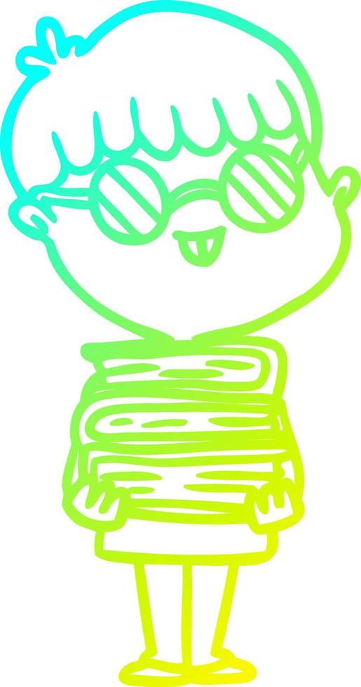 cold gradient line drawing cartoon nerd boy with spectacles and book vector