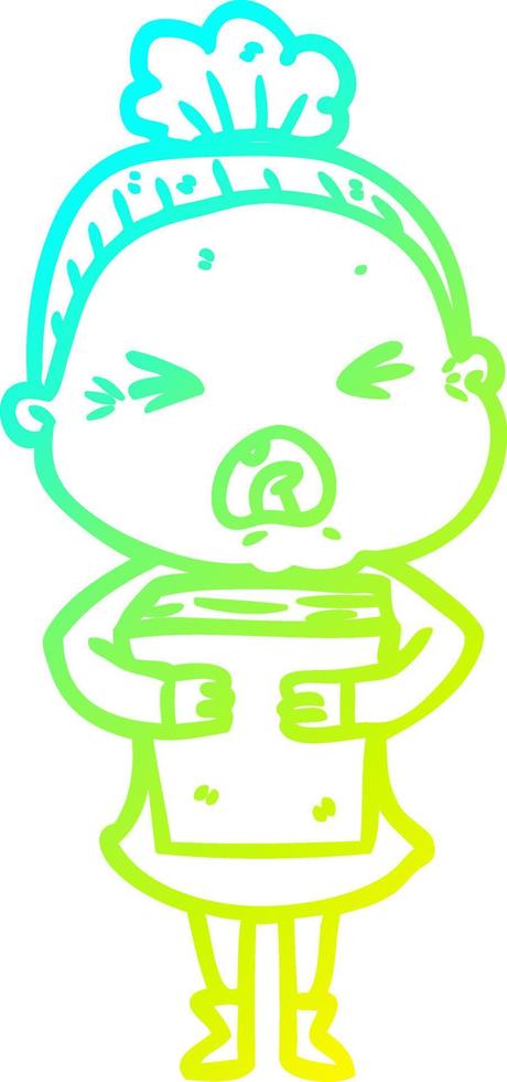 cold gradient line drawing cartoon angry old woman vector