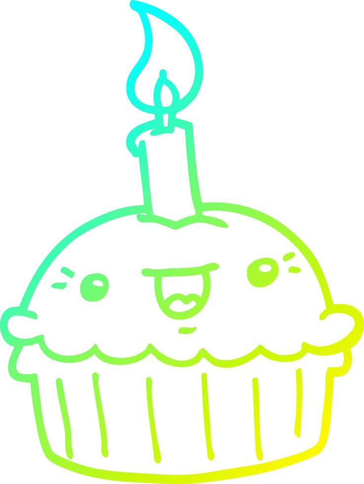 cold gradient line drawing cartoon cupcake with candle vector