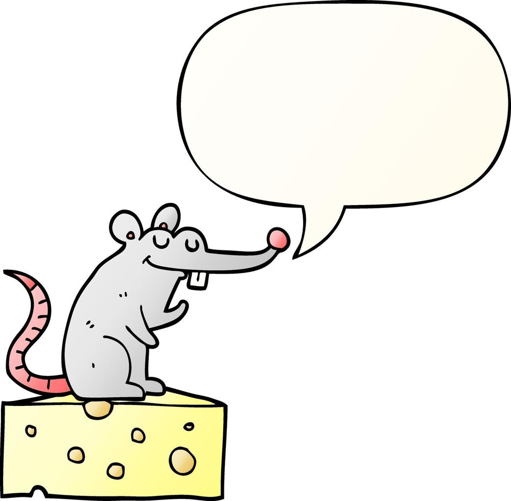 ratón de dibujos animados sentado en queso y burbuja de habla en un estilo de gradiente suave vector