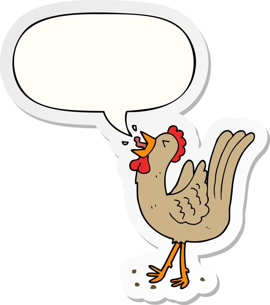 cartoon crowing cockerel and speech bubble sticker vector